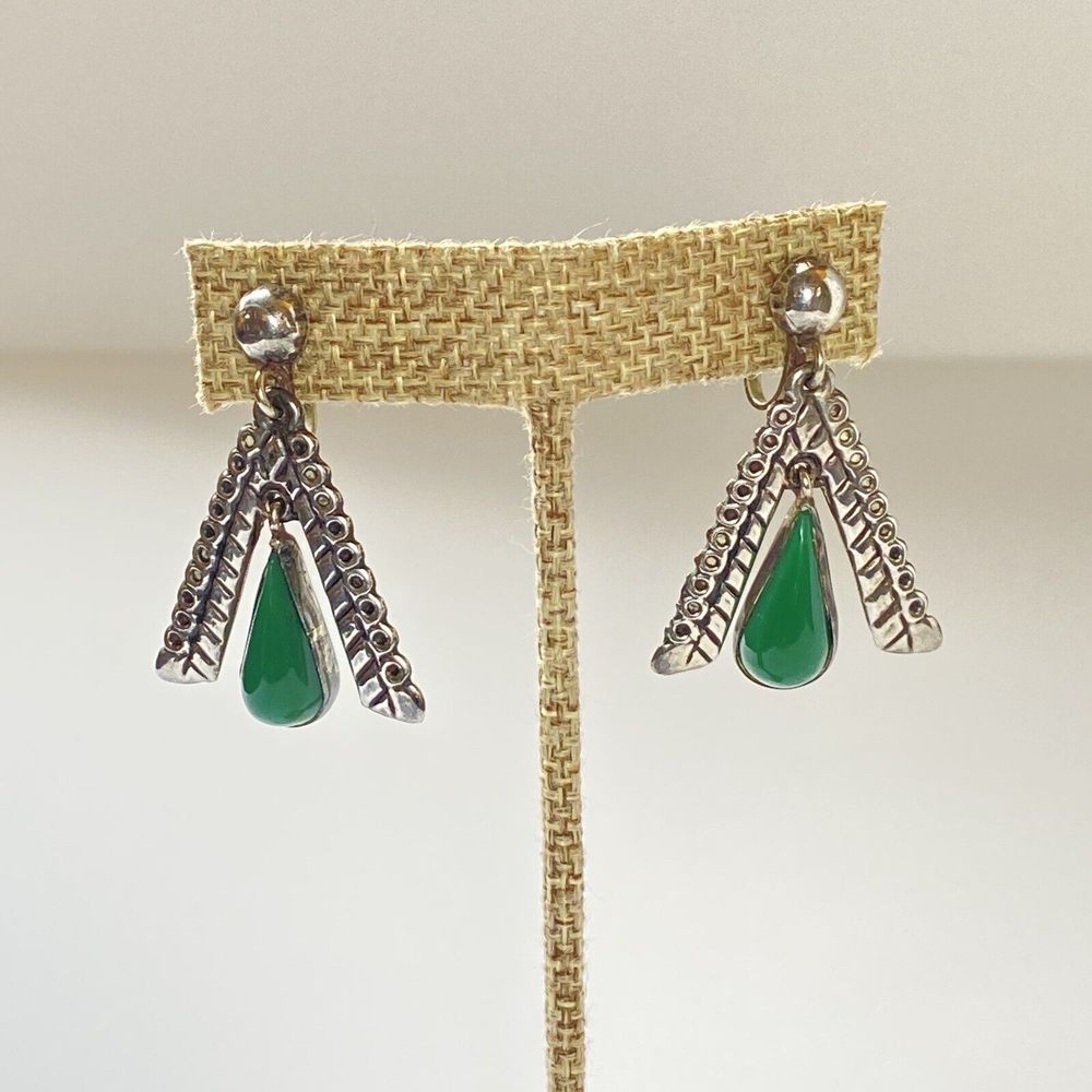 Mexico Silver Earrings Green Chalcedony Teardrop  
Articulated Dangle Screwback